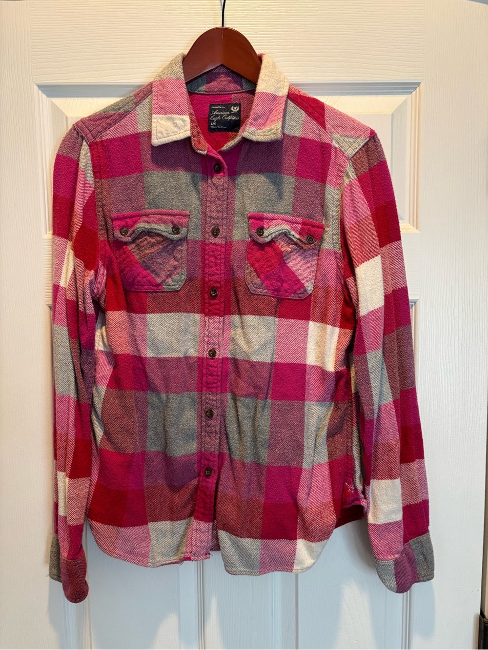American Eagle Kids Pink Plaid Button-Up Shirt